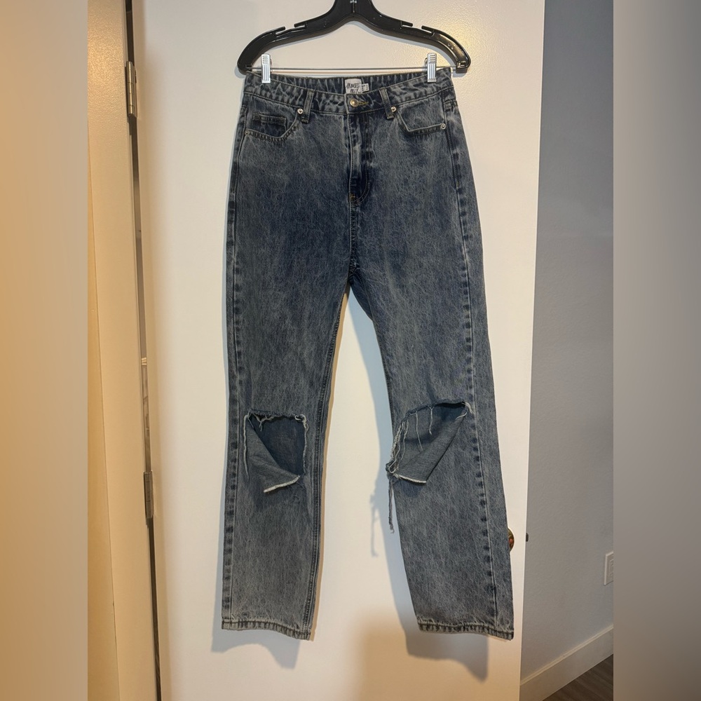 Princess Polly Holly Asymmetric Straight Leg Distressed Jeans - 30 waist